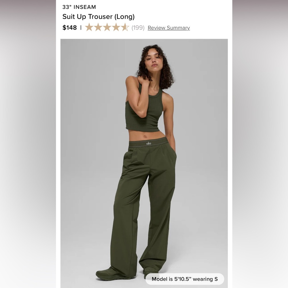 ALO Yoga Suit Up Trouser Pants LONG - Size Small NWT - Olive green color